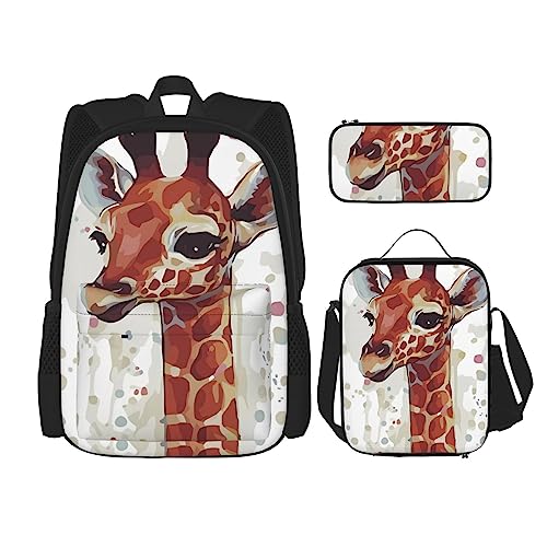 Stilvolle Tier Aquarell Giraffe Rucksack 3-teiliges Schulranzen mit Lunchbox und Federmäppchen Set - Geeignet für Jungen und Mädchen, Schwarz , Einheitsgröße, Kinderrucksack von BHCASE