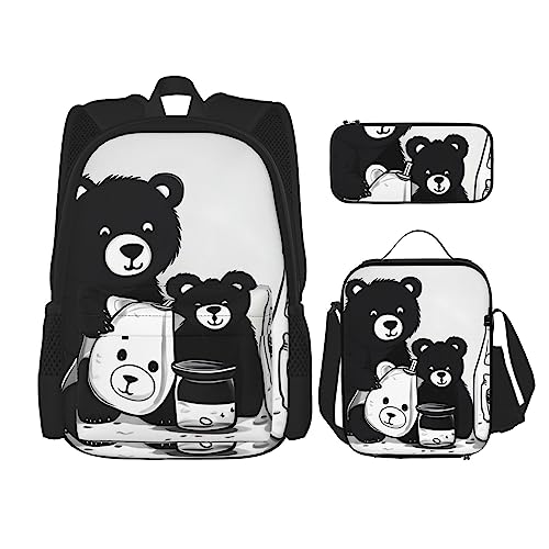 Süßer Milchflasche Bär Rucksack 3-teilig Schulranzen mit Brotdose und Federmäppchen Set - Geeignet für Jungen und Mädchen, Schwarz , Einheitsgröße, Kinderrucksack von BHCASE