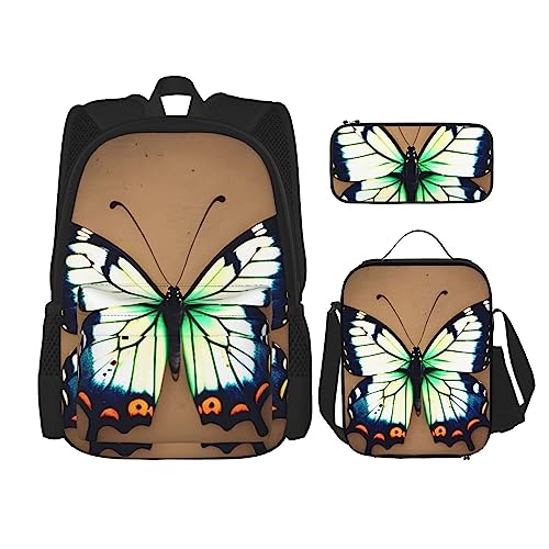 Süßer kleiner Schmetterling Rucksack 3-teilig Schulranzen mit Brotdose und Federmäppchen Set - Geeignet für Jungen und Mädchen, Schwarz , Einheitsgröße, Kinderrucksack von BHCASE