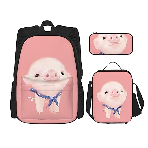 Süßer rosa Schwein Rucksack 3-teilig Schulranzen mit Brotdose und Federmäppchen Set > Geeignet für Jungen und Mädchen, Schwarz , Einheitsgröße, Kinderrucksack von BHCASE