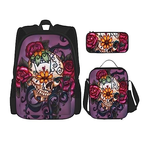 Sugar Horror Totenkopf Blumen Rose Rucksack 3-teilig Schulranzen mit Brotdose und Federmappe Set :Geeignet für Jungen und Mädchen, Schwarz , Einheitsgröße, Kinderrucksack von BHCASE