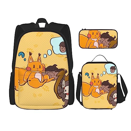 Sunflower Seed Eichhörnchen Rucksack 3-teilig Schulranzen mit Brotdose und Federmäppchen Set - Geeignet für Jungen und Mädchen, Schwarz , Einheitsgröße, Kinderrucksack von BHCASE