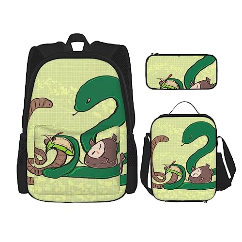 Sunflower Seeds Regenwurm Schlange Rucksack 3-teilig Schulranzen mit Brotdose und Federmäppchen Set :Geeignet für Jungen und Mädchen, Schwarz , Einheitsgröße, Kinderrucksack von BHCASE