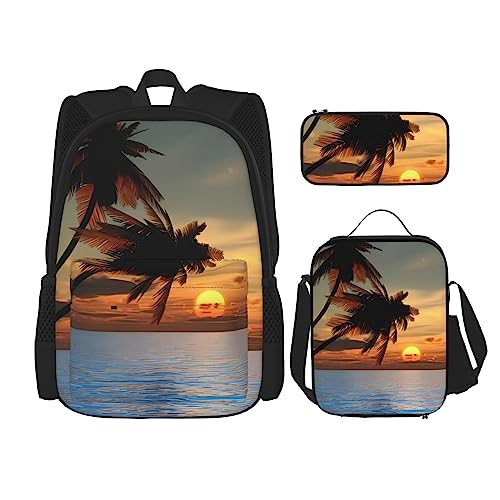 Sunset Palm Tree Ocean Rucksack 3-teilig Schulranzen mit Brotdose und Federmäppchen Set > Geeignet für Jungen und Mädchen, Schwarz , Einheitsgröße, Kinderrucksack von BHCASE