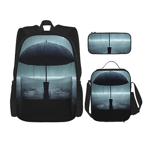 Taschen-Rucksack, Crossbody-Lunch-Tasche, Stifttaschen-Set – robust, langlebig, modisch, leicht und geräumig, schwarzer Regenschirm im Regen, Schwarz , Einheitsgröße von BHCASE