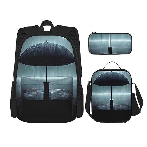 Taschen-Rucksack, Crossbody-Lunch-Tasche, Stifttaschen-Set – robust, langlebig, modisch, leicht und geräumig, schwarzer Regenschirm im Regenbild, Schwarz , Einheitsgröße von BHCASE