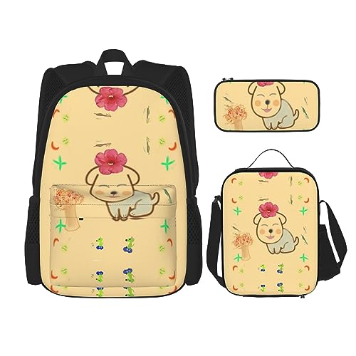 Taschen-Rucksack, Crossbody-Lunch-Tasche, Stifttaschen-Set – robust, langlebig und modisch, leichtes Design, kleine Blume mit niedlichem Hunde-Aufdruck von BHCASE