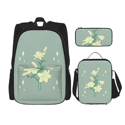 Taschen-Rucksack, Umhängetasche, Lunch-Tasche, Stifttaschen-Set – robust, langlebig und modisch, leicht, Cartoon-Design, weißes Lilienmuster von BHCASE