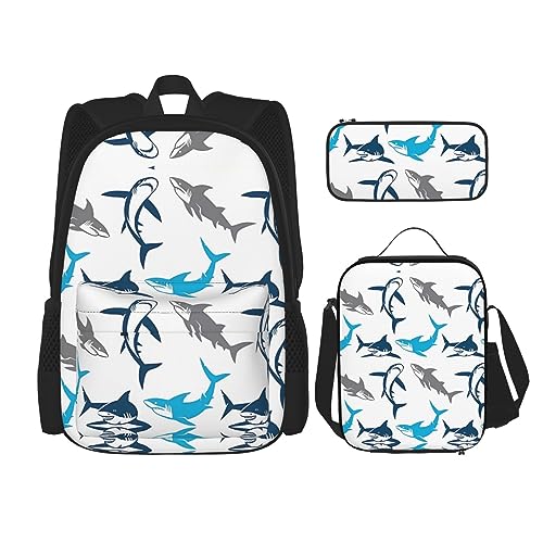 Taschen-Rucksack, Umhängetasche, Lunch-Tasche, Stifttaschen-Set – robust, langlebig und modisch, leicht, Cartoon-Hai-Druck von BHCASE