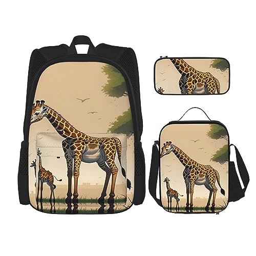 Taschen-Rucksack, Umhängetasche, Lunch-Tasche, Stifttaschen-Set – robust, langlebig und modisch, leichtes Design, Mutter- und Kind-Giraffen-Drucke, Schwarz , Einheitsgröße von BHCASE