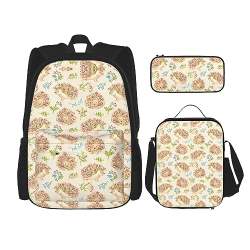 Taschen-Rucksack, Umhängetasche, Lunch-Tasche, Stifttaschen-Set – robust, langlebig und modisch, leichtes Design, florales Igel-Design von BHCASE