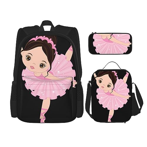 Taschen-Rucksack, Umhängetasche, Stifttasche, Set – robust, langlebig, modisch und leicht, kleine Ballerina, tanzendes Mädchen, Schwarz , Einheitsgröße von BHCASE