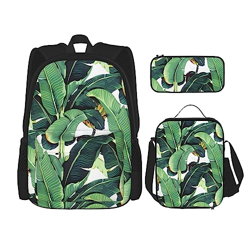 Tropical Banana Palmblätter Rucksack 3-teilig Schulranzen mit Brotdose und Federmäppchen Set > Geeignet für Jungen und Mädchen, Schwarz , Einheitsgröße, Kinderrucksack von BHCASE