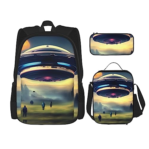 UFO Landing Rucksack 3-teilig Schulranzen mit Lunchbox und Federmäppchen Set:>> Geeignet für Jungen und Mädchen, Schwarz , Einheitsgröße, Kinderrucksack von BHCASE