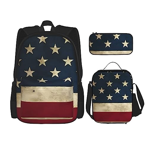 US Flagge Rucksack 3-teilig Schulranzen mit Brotdose und Federmäppchen Set > Geeignet für Jungen und Mädchen, Schwarz , Einheitsgröße, Kinderrucksack von BHCASE