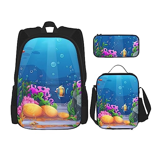 Under Sea Rucksack 3-teilig Schulranzen mit Brotdose und Federmappe Set : geeignet für Jungen und Mädchen, Schwarz , Einheitsgröße, Kinderrucksack von BHCASE