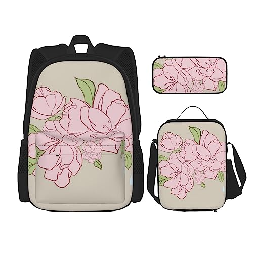 Unterteilter Pfirsichblüten Rucksack 3-teilig Schulranzen mit Lunchbox und Federmäppchen Set :>> Geeignet für Jungen und Mädchen, Schwarz , Einheitsgröße, Kinderrucksack von BHCASE