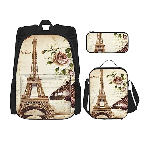 Vintage Paris Eiffelturm Schmetterling Rucksack 3-teilig Schulranzen mit Brotdose und Federmäppchen Set :Geeignet für Jungen und Mädchen, Schwarz , Einheitsgröße, Kinderrucksack von BHCASE