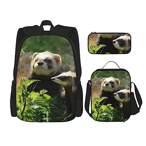 Wildlife Frettchen Rucksack 3-teilig Schulranzen mit Brotdose und Federmäppchen Set : geeignet für Jungen und Mädchen, Schwarz , Einheitsgröße, Kinderrucksack von BHCASE