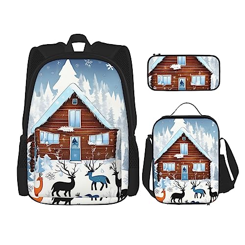 Winter Rehkitz Rucksack 3-teilig Schulranzen mit Brotdose und Federmäppchen Set - Geeignet für Jungen und Mädchen, Schwarz , Einheitsgröße, Kinderrucksack von BHCASE