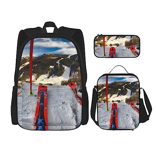 Winter-Ski-Rucksack, 3-teilig, Schulranzen mit Brotdose und Federmäppchen, Set für Jungen und Mädchen, Schwarz , Einheitsgröße, Kinderrucksack von BHCASE