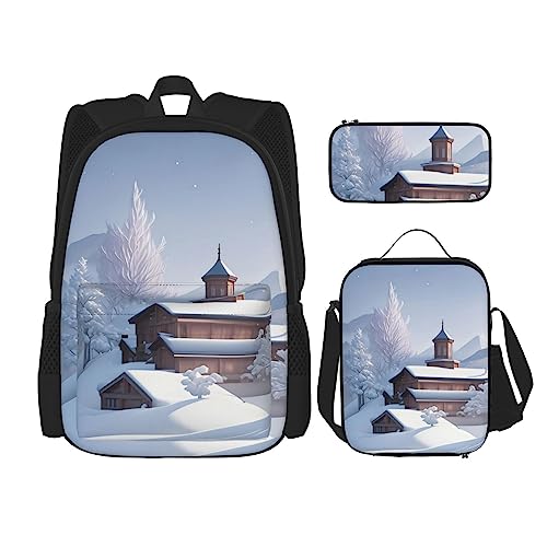 Winterlandschaft Rucksack 3-teilig Schulranzen mit Brotdose und Federmäppchen Set - Geeignet für Jungen und Mädchen, Schwarz , Einheitsgröße, Kinderrucksack von BHCASE