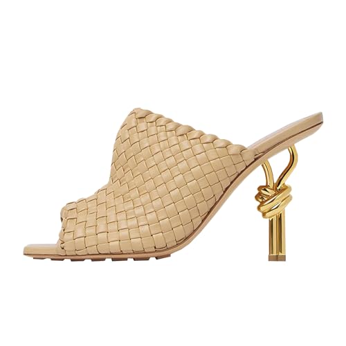 High Heels Damen Pantoletten Klobigem Absatz Quadratische Offene Zehenpartie Gewebte Slip On Slides Partyschuhe 11cm-Apricot||41 von BHGLUZGBY