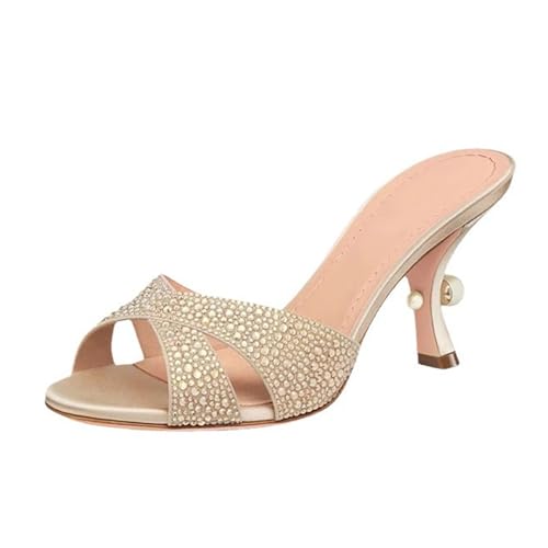 High Heels Damen Pantoletten Offener Spitze Strasssteinen Slipper für Abendkleid Party Abschlussball Tanz Pumps-Apricot||40 von BHGLUZGBY