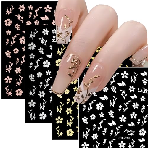 BHGT 4 Blätter Nagelaufkleber Selbstklebend Blumen Nagelsticker Maniküre Aufkleber Kirschblüten Glänzendes Weiß Gold Silber Champagner Nagelkunst Wrap Nail Stickers Nagel Sticker von BHGT