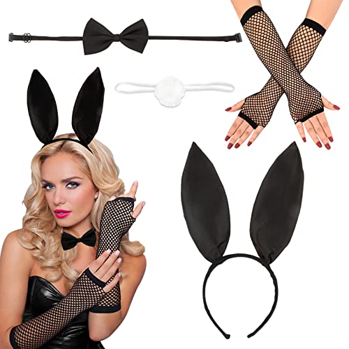 BHGT Hasenohren Haarreif Set Schwarz Hasenohren Stirnband Hasenschwanz Fliege Netzhandschuhe Osterhase Kit Zubehör für Ostern Karneval Weihnachten Party von BHGT