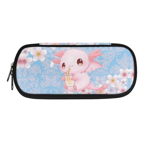 BHHJKK Axolotl Federmäppchen mit Kirschblütenmotiv für Kinder, Stifteetui für Schulbedarf, Federmäppchen, Reißverschluss, Stiftebox für Teenager, Mädchen, große Kapazität, Schreibwarentasche, von BHHJKK