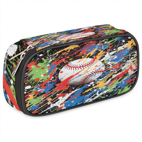 BHHJKK Federmäppchen für Mädchen und Jungen, Ölgemälde, Baseball-Bleistifttasche, Kinder, Teenager, Federmäppchen mit Reißverschluss, PU-Leder, Bleistift-Organizer, Schule, Stiftebox, Marker-Etui, von BHHJKK