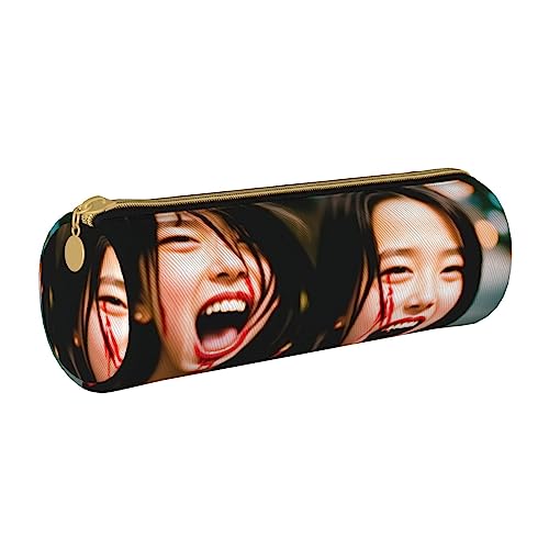 BHHJKK Federmäppchen mit Blättern, PU-Leder, rund, kleines Fassungsvermögen, Stifteetui mit Reißverschluss, Horror Beauty Women, Einheitsgröße, Federmäppchen von BHHJKK