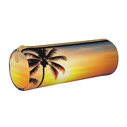 BHHJKK Federmäppchen mit Tiermotiv, bedruckt, PU-Leder, rund, kleine Kapazität, Stifteetui mit Reißverschluss, Strandpalme, Sonnenuntergang, Einheitsgröße, Federmäppchen von BHHJKK