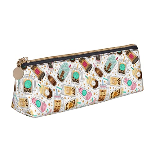 BHHJKK Federmäppchen mit niedlichem Cartoon-Blasentee-Muster, dreieckig, Leder-Federmäppchen, Kosmetiktasche, Schreibtisch-Organizer, Box für Büro, Damen, Herren, Siehe Abbildung, Einheitsgröße, von BHHJKK