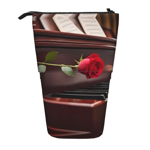 BHHJKK Teleskop-Federmäppchen mit roter Rose auf Klavier, Federmäppchen, Organizer, Schreibwaren, Stifteetui mit Reißverschluss, Schwarz , Einheitsgröße, Federmäppchen von BHHJKK