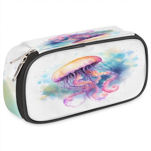 Federmäppchen aus Leder, mit Meeresquallen, Stifthalter, großes Fassungsvermögen, schwarz, Schreibwaren-Organizer, Federmäppchen mit Reißverschluss, für Jungen und Mädchen, Aquarell-Quallen, von BHHJKK