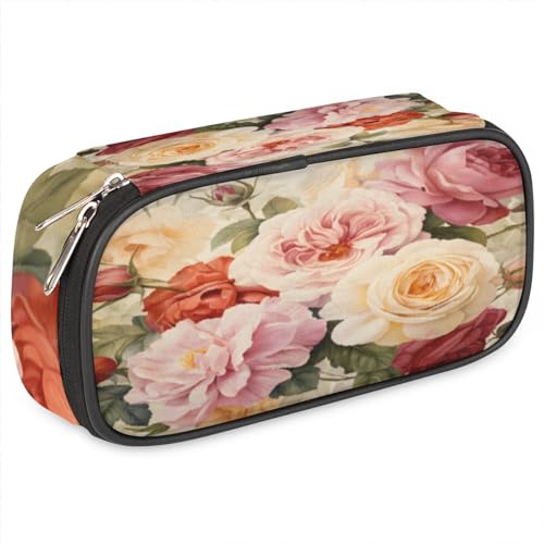 Federmäppchen mit Rosenmuster, Leder, Stiftehalter, großes Fassungsvermögen, schwarz, Schreibwaren-Organizer, Federmäppchen mit Reißverschluss, für Jungen und Mädchen, schöne Blumen, von BHHJKK