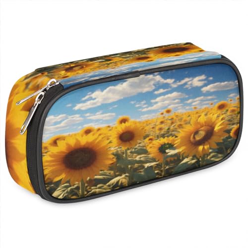 Field of Sunflower Leder-Federmäppchen, Stifthalter, großes Fassungsvermögen, schwarz, Schreibwaren-Organizer, Federmäppchen mit Reißverschluss, für Jungen, Mädchen, Sonnenblumen, Garten, von BHHJKK