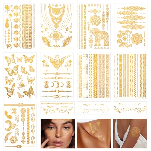 Festival Tattoos Gold 9 Blätter Gold Temporäre Tattoos Metallic + 3 Blätter Goldene Glitzer Sommersprossen Tattoo, Flash Tattoo Aufkleben Damen für Festival Must Haves Festival Tattoos Gold 9 Blätter Gold Temporäre Tattoos Metallic + 3 Blätter Goldene Glitzer Sommersprossen Tattoo, Flash Tattoo Aufkleben Damen für Festival Must Haves von BHHTBB