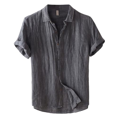 BHXUTK Hemd Herren Kurzarm Sommerhemd Leinenhemd Einfarbig Businesshemd Locker Kurzarmhemd Leichte Stehkragenhemd Mit Brusttasche Freizeithemd Button Down T-Shirts Hawaii Hemden Männer Trachtenhemd von BHXUTK