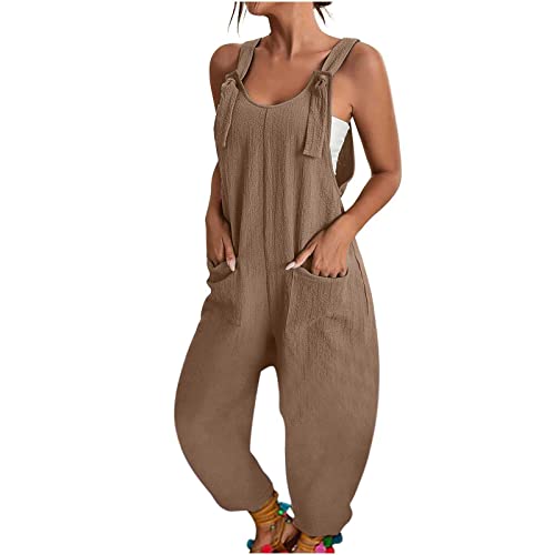 BHXUTK Latzhose Damen Lang Elegant Sommer Leinenhose Leinen Jumpsuit Casual Lose Overalls Einfarbig Einteiler Shorts Ärmellos Trägerhose mit Taschen Arbeitshose Playsuit Sport Romper von BHXUTK