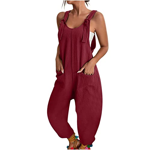 BHXUTK Latzhose Damen Lang Elegant Sommer Leinenhose Leinen Jumpsuit Casual Lose Overalls Einfarbig Einteiler Shorts Ärmellos Trägerhose mit Taschen Arbeitshose Playsuit Sport Romper von BHXUTK
