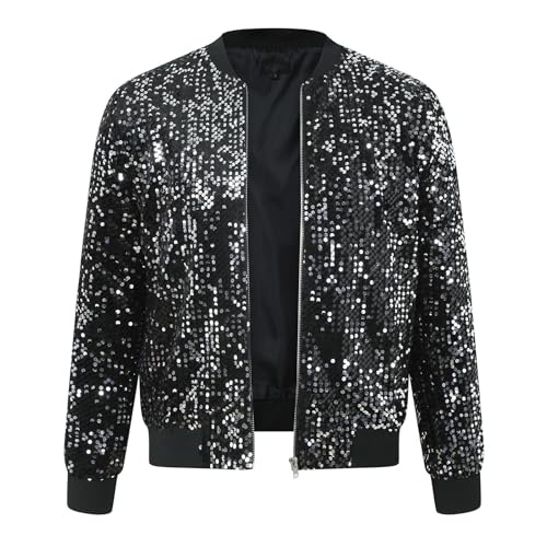 BHXUTK Pailletten Jacke Herren Glitzer Jacket Herren Metallic Pailletten Jacke 70er Baseball Bomberjacke Disco Nachtklub Party Karneval Kostüm Reißverschluss Paillettenjacke für Herren Mäntel von BHXUTK