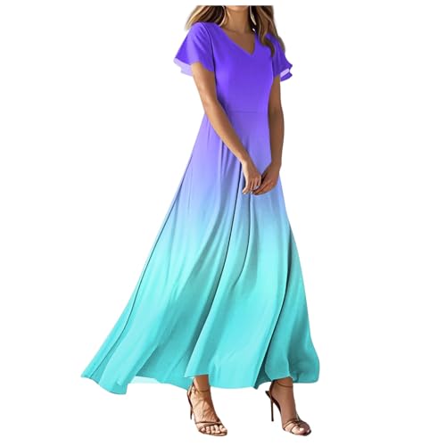 BHXUTK Sommerkleid Damen Elegant Kurzarm V-Ausschnitt Kleider mit Farbverlauf Drucker Chiffonkleid Lässiges Boho Maxikleid Lang Blumenkleid Mode Tunikakleid Partykleid Sommer Strandkleider von BHXUTK