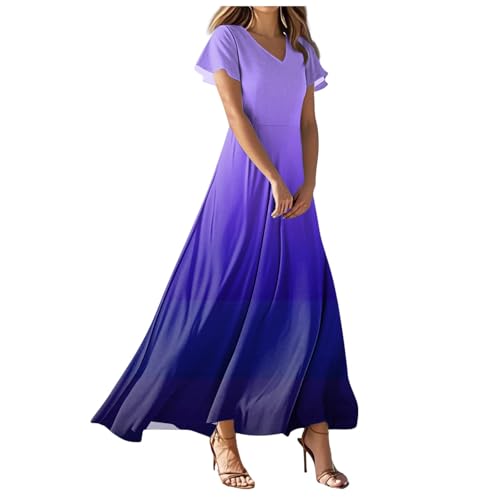 BHXUTK Sommerkleid Damen Elegant Kurzarm V-Ausschnitt Kleider mit Farbverlauf Drucker Chiffonkleid Lässiges Boho Maxikleid Lang Blumenkleid Mode Tunikakleid Partykleid Sommer Strandkleider von BHXUTK