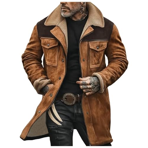 BHXUTK Winterjacke Herren Lederjacke Vintage Wildlederjacke Warm Gefüttert Winter Jeansjacke mit Taschen Outdoor Ledermantel Revers Wintermantel Reißverschluss Kunstlederjacke Lockerer Winterparka von BHXUTK