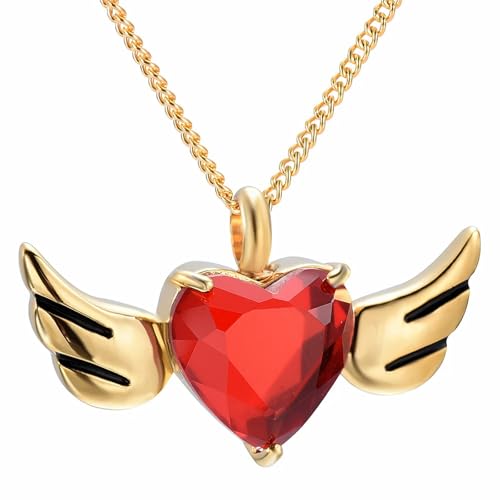 BIAIHQIE Feuerbestattungsschmuck, Engelsflügel-Herz-Urnenkette für Aschehalter, Andenken, Gedenkschmuck, Gold mit Rot von BIAIHQIE