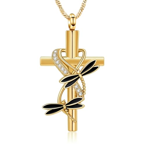 BIAIHQIE Urnen-Halskette mit Libellenkreuz für Damen und Herren, Gedenk-Urnen-Halskette für die Asche von Menschen/Haustieren, Gold BIAIHQIE Urnen-Halskette mit Libellenkreuz für Damen und Herren, Gedenk-Urnen-Halskette für die Asche von Menschen/Haustieren, Gold von BIAIHQIE