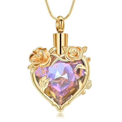 BIAIHQIE Urnen-Halskette mit Rosenblütenherz für Asche für Frauen, Einäscherungsschmuck, Liebesherz, Urnen-Medaillon-Anhänger, Gedenkschmuck, Gold-Lila BIAIHQIE Urnen-Halskette mit Rosenblütenherz für Asche für Frauen, Einäscherungsschmuck, Liebesherz, Urnen-Medaillon-Anhänger, Gedenkschmuck, Gold-Lila von BIAIHQIE